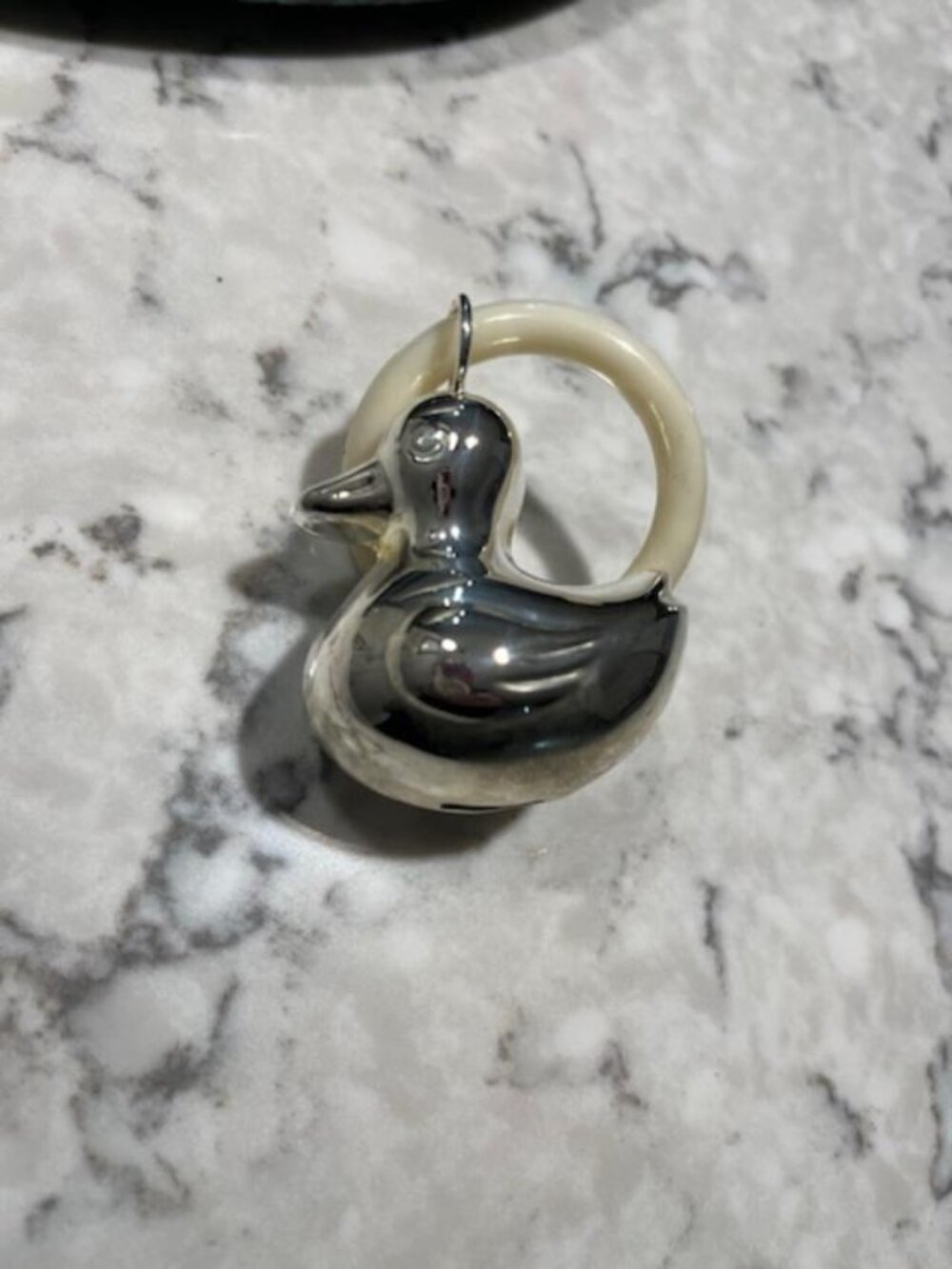 Silver Plated Duck Rattle on Pacifier Ring/A Brand New Inventory Boxed Baby Toy - Picture 2 of 6